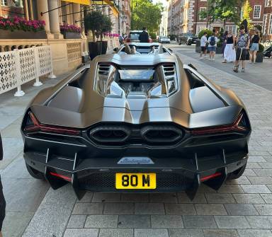 UK Number Plate 8 OM on a 2025 Black Lamborghini Revuelto V12 Phev S-A