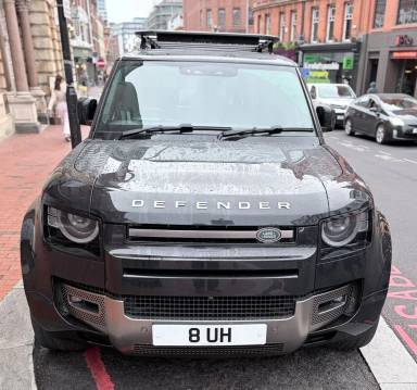 UK Number Plate 8 UH on a 2021 Black Land Rover Defender X Mhev Auto