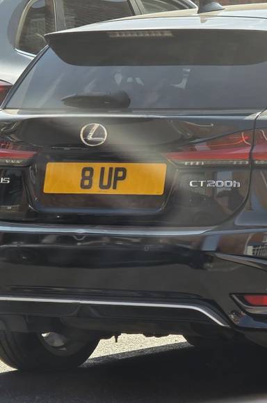 UK Number Plate 8 UP on a 2019 Black Lexus CT