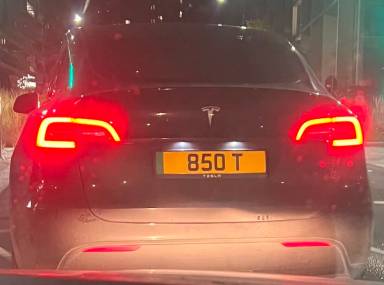 UK Number Plate 850 T on a 2023 Black Tesla Model Y Rwd