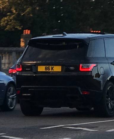 UK Number Plate 86 K on a 2020 Black Land Rover Range Rover Sport