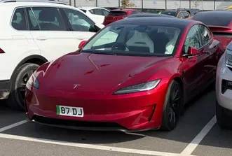 UK Number Plate 87 DJ on a 2024 RED Tesla Model 3 Performance Awd