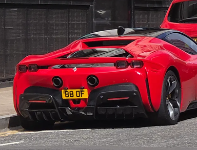 UK Number Plate 88 OF on a 2021 RED Ferrari Sf90 Stradale S-A