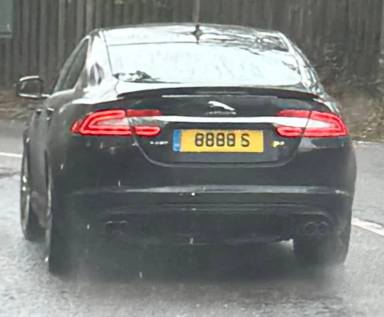 UK Number Plate 8888 S on a 2015 Black Jaguar XF