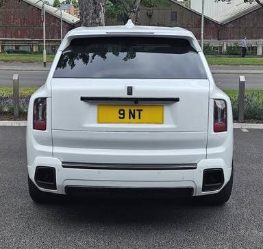 UK Number Plate 9 NT on a 2024 White Rolls Royce Cullinan Black Badge Auto