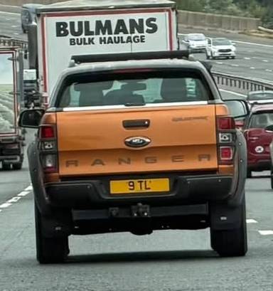 UK Number Plate 9 TL on a 2017 Orange Ford Ranger