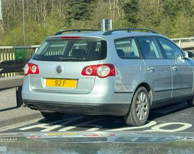 UK Number Plate 92 F on a 2007 Silver Volkswagen Passat