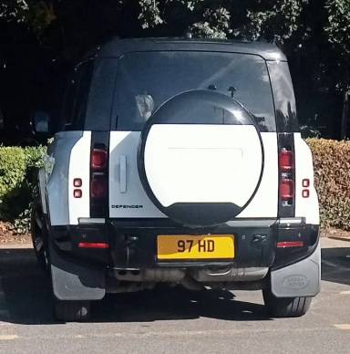 UK Number Plate 97 HD on a 2025 White Land Rover Defender Xdynamic Hse D Mhev A