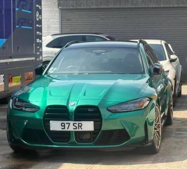 UK Number Plate 97 SR on a 2023 Green BMW M3 Competition M Xdrive Auto