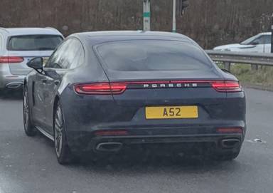 UK Number Plate A 52 on a 2018 Blue Porsche Panamera