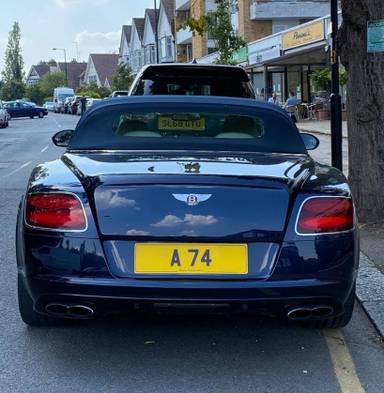 UK Number Plate A 74 on a 2019 Blue Bentley Continental Gt