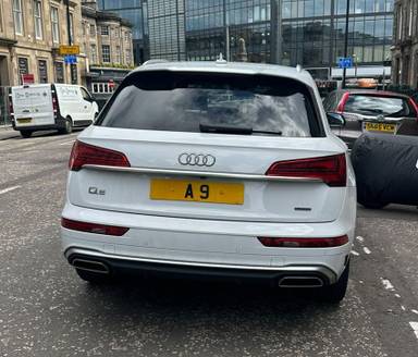 UK Number Plate A 9 on a 2021 White Audi Q5 S Line 45 Tfsi Mhev Quat Sa
