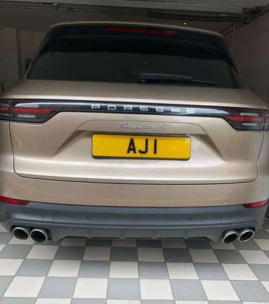 UK Number Plate AJ 1 on a 2018 Beige Porsche Cayenne