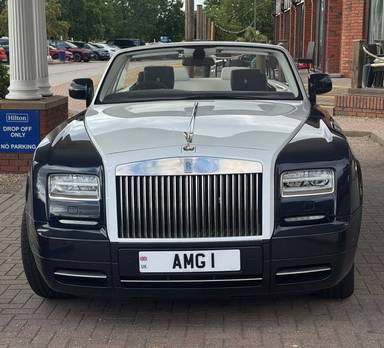 UK Number Plate AMG 1 on a 2016 Blue Rolls Royce Phantom