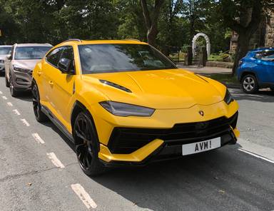 UK Number Plate AVM 1 on a 2024 Yellow Lamborghini Urus V8 Performante Auto