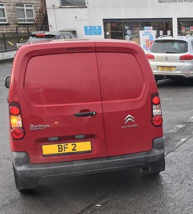 UK Number Plate BF 2 on a 2018 RED Citroen Berlingo 850 En-Prise Bluehdi