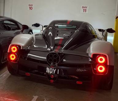 UK Number Plate BOY 1 on a 2023 White Pagani Utopia