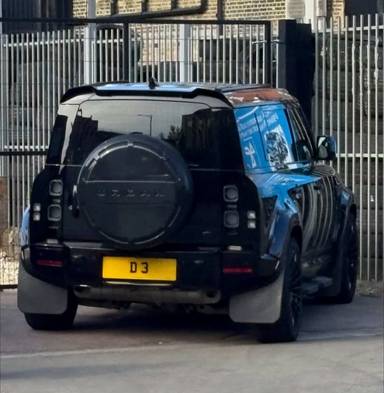 UK Number Plate D 3 on a 2022 Black Land Rover Defender X Mhev Auto