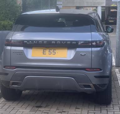 UK Number Plate E 55 on a 2019 Grey Land Rover R Rover Evoque R-Dyn Hse D A