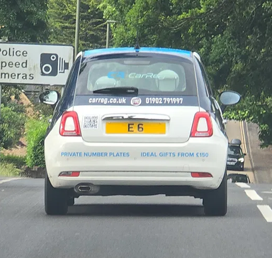 UK Number Plate E 6 on a 2019 White Fiat 500