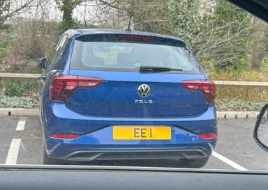 UK Number Plate EE 1 on a 2022 Blue Volkswagen Polo Life Tsi
