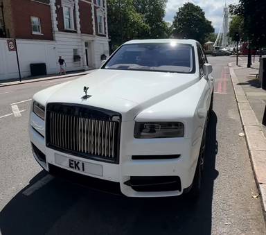 UK Number Plate EK 1 on a 2023 White Rolls Royce Cullinan Black Badge Auto