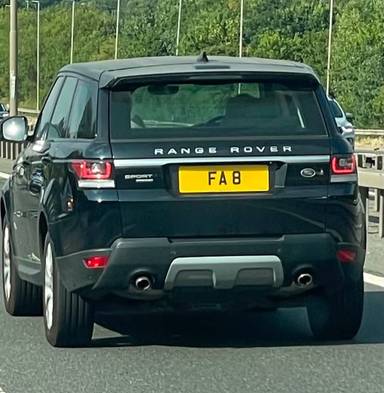 UK Number Plate FA 8 on a 2017 Black Land Rover Range Rover Sport