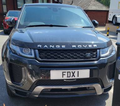 UK Number Plate FDX 1 on a 2018 Black Land Rover Range Rover Evoque