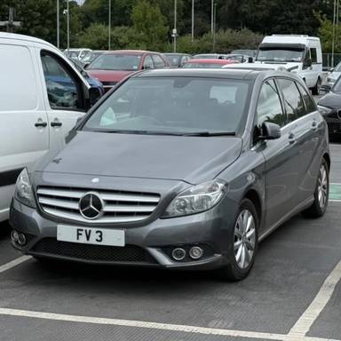 UK Number Plate FV 3 on a 2012 Grey Mercedes-Benz B-Class