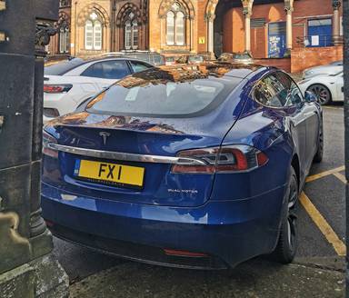 UK Number Plate FX 1 on a 2020 Blue Tesla Model S Long Range Awd