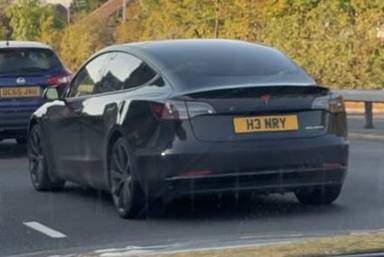 UK Number Plate H3 NRY on a 2020 Black Tesla Model 3 Performance Awd