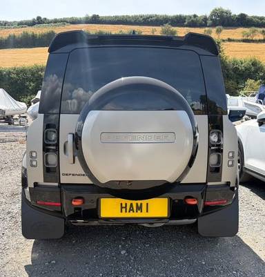 UK Number Plate HAM 1 on a 2024 Silver Land Rover Defender X D Mhev Auto