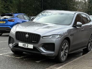 UK Number Plate HD 2 on a 2021 Grey Jaguar