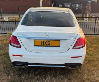 UK Number Plate HXS 1 on a 2019 White Mercedes-Benz E 220 Amg Lne Ed Prem + D 4m A