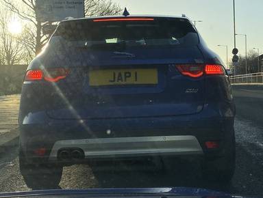 UK Number Plate JAP 1 on a 2019 Blue Jaguar F-Pace