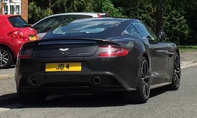 UK Number Plate JD 4 on a 2014 Silver Aston Martin Vanquish