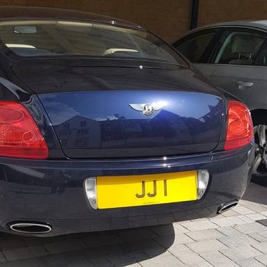 UK Number Plate JJ 1 on a 2008 Blue Bentley Continental