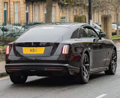 UK Number Plate KB 1 on a 2025 Black Rolls Royce Spectre Black Badge Ev