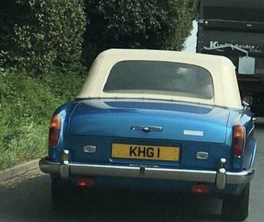 UK Number Plate KHG 1 on a 1976 Blue Rolls Royce Convertible