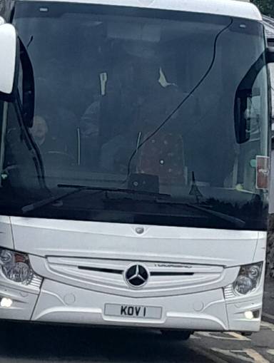 UK Number Plate KOV 1 on a 2019 White Mercedes-Benz Tourismo