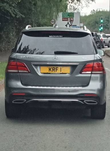 UK Number Plate KRF 1 on a 2017 Grey Mercedes-Benz GLE