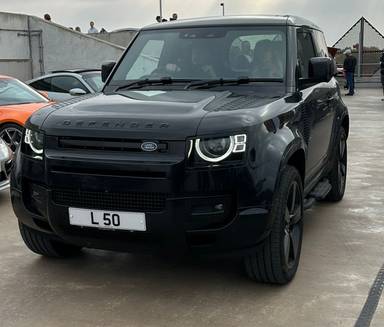 UK Number Plate L 50 on a 2025 Black Land Rover Defender Xdynamic Hse D Mhev A