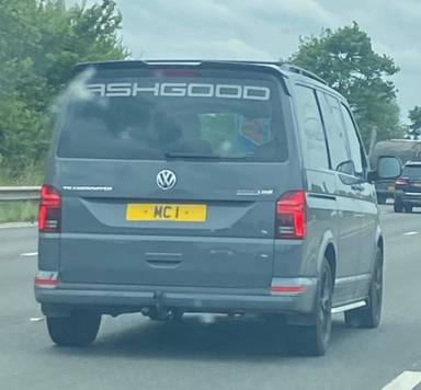 UK Number Plate MC 1 on a 2023 Grey Volkswagen Transporter T32 Sprt Ln Tdi Sa
