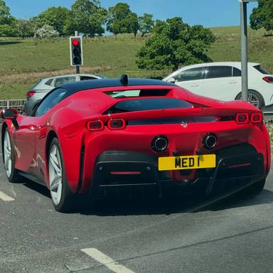 UK Number Plate MED 1 on a 2021 RED Ferrari Sf90 Stradale S-A