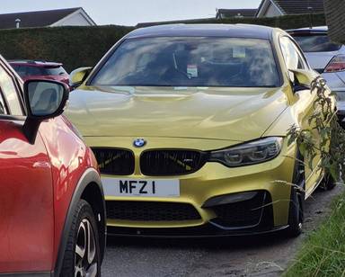 UK Number Plate MFZ 1 on a 2014 Yellow BMW M4 S-A