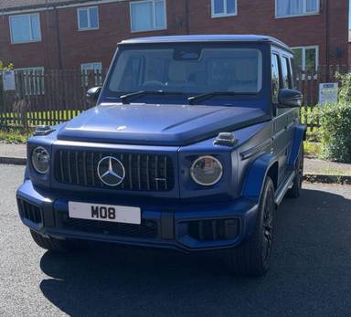 UK Number Plate MO 8 on a 2025 Blue Mercedes-Benz Amg G 63 Manufaktur Ed Mhev A