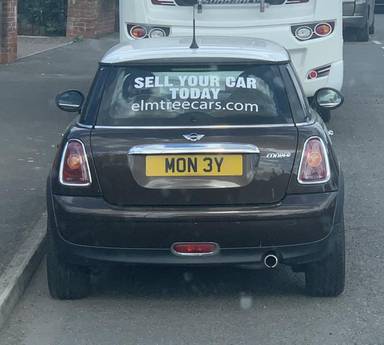 UK Number Plate MON 3Y on a 2009 Brown Mini Mini