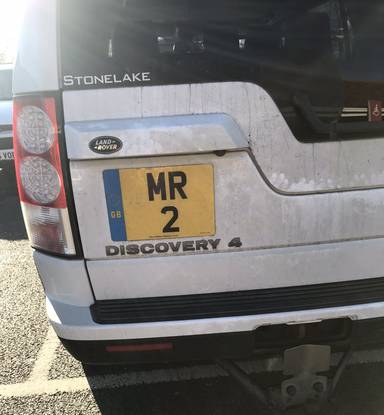 UK Number Plate MR 2 on a 2012 White Land Rover Discovery