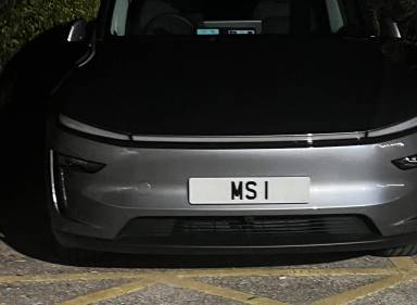 UK Number Plate MS 1 on a 2025 Grey Tesla Model Y Lnch Srs Lng Rnge Awd