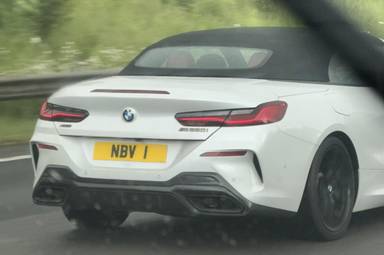 UK Number Plate NBV 1 on a 2019 White BMW 8 Series